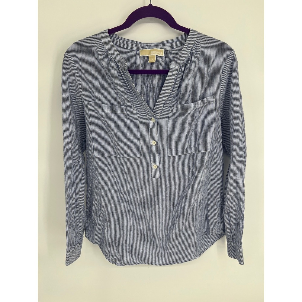 Michael Kors Womens Blue White Striped Long Sleeve‎ Henley Blouse Size S